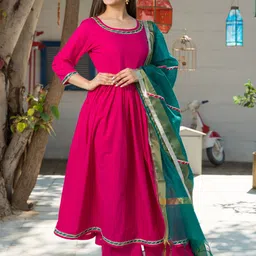 PHEETA Women Pink Embroidered Empire Pure Cotton Kurta with Palazzos & With Dupatta-picture-1