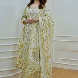 Shedika Women Floral Printed Regular Thread Work Kurta with Trousers & With Dupatta-18