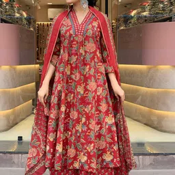 GoSriKi Women Floral Printed Regular Mirror Work Kurta with Palazzos & With Dupatta-7