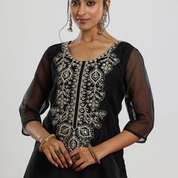 Libas Black Floral Yoke Design Sequinned Kurta with Trouser & Dupatta image 2
