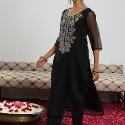 Libas Black Floral Yoke Design Sequinned Kurta with Trouser & Dupatta image 4