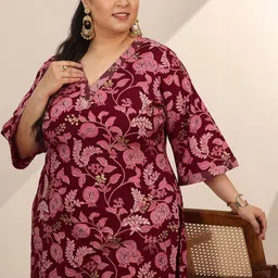 EXTRA LOVE BY LIBAS Plus Size Floral Printed V-Neck Straight Kurta With Palazzos-image-69