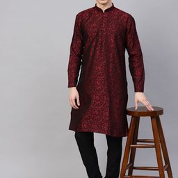 SOJANYA Men Maroon & Black Jacquard Woven Design Kurta with Churidar-picture-45