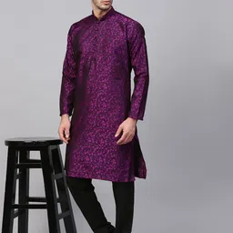 SOJANYA Men Purple & Black Self Design Kurta with Churidar-picture-12