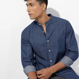 R.Code by The Roadster Life Co. Solid Mandarin Collar Denim Shirt-image-11
