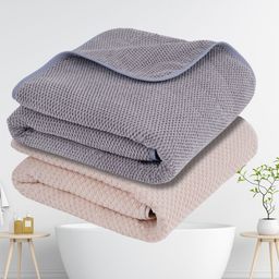Fezora Grey & Cream-Coloured 2 Pieces Microfiber 320 GSM Bath Towels-image-7