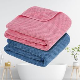 Fezora Peach-Coloured & Blue 2 Pieces Microfiber 320 GSM Bath Towels-image-57