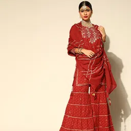 Ishin Women Maroon Floral Embroidered Kurta with Sharara & Dupatta-image-41