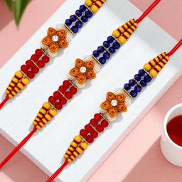 ADIVA 4-Pcs Stone Studded & Beaded Floral Rakhi With Pooja Thali & Roli Chawal Bag-image-92