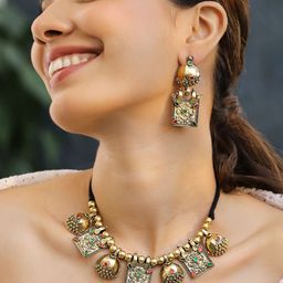 Rubans Oxidised Antique Gold-Plated Tribal Necklace Set with Dome Accent & Red-Green Stone-2