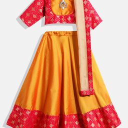 Ethnovog Girls Red  Yellow Printed Beads and Stones Ready to Wear Lehenga Set-picture-21