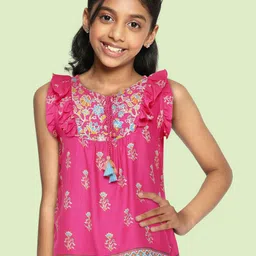 Global Desi Girls Pink & Blue Floral Printed Ruffled Top With Tie-Up Neck-10