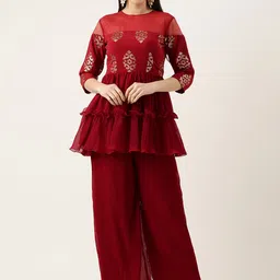 Ethnovog Ethnic Motifs Embroidered Tiered Sequinned Top With Palazzos-picture-28