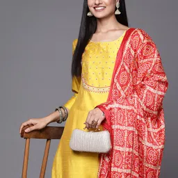 Varanga Women Mustard Yellow Ethnic Motifs Embroidered Kurta with Trousers & With Dupatta-image-98