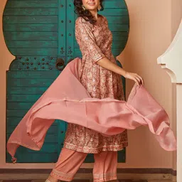 Biba Floral Printed Round Neck Sequinned Anarkali Kurta with Palazzos And Dupatta-image-62