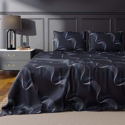 Stoa Paris Teal Blue & Black Floral Printed 300 TC King Bedsheet With 2 Pillow Covers-image-99