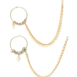 Zaveri Pearls Set of 2 Gold-Plated Kundan-Studded & Beaded Chained Nose Rings-picture-30