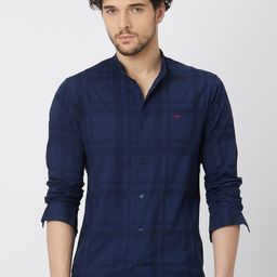 Mufti Slim Fit Checked Mandarin Collar Pure Cotton Casual Shirt-image-51