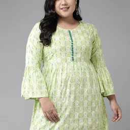 YASH GALLERY Plus Size Green & Off White Floral Print Bell Sleeves Kurti-picture-14