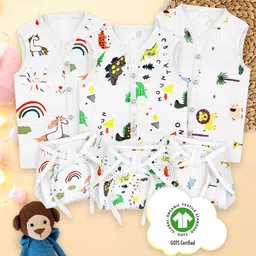 Moms Home Infants Pack Of 3 Printed Organic Cotton Muslin Jhabla With Nappy-image-57