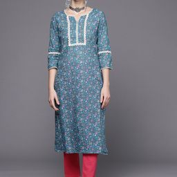 Varanga Women Blue & White Floral Printed Kurta-32