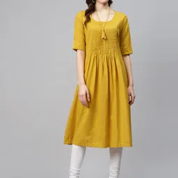 Biba Women Mustard Yellow Pintuck Solid A-Line Kurta With Thread Necklace-image-95