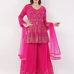 dhartii Women Woven Design Embroidered Regular Kurta with Sharara & Dupatta-image-21