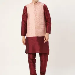 SOJANYA Men Maroon & Pink Kurta & Churidar with Woven Design Nehru Jacket-23
