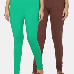 TSG Bliss Women Pack Of 2 Green & Brown Solid Churidar-Length Leggings-image-66