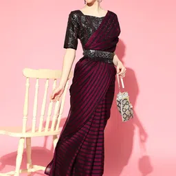 Saree mall Burgundy Striped Poly Georgette Party Wear Saree with Matching Blouse-51