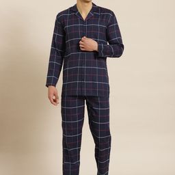 SOJANYA Men Navy Blue & White Checked Cotton Night suit-image-22