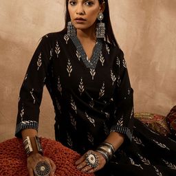 Indo Era Floral Printed V-Neck Pure Cotton Sequinned Straight Kurta-picture-47