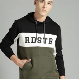 The Roadster Lifestyle Co Men Olive Green & White Colourblocked Hooded Sweatshirt-image-25