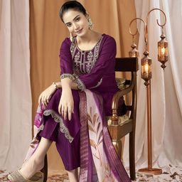 Royal Export Women Floral Embroidered Regular Thread Work Kurta & Trousers With Dupatta-image-92