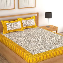 Lali Prints Jaipuri Yellow Printed Cotton 130 TC Queen Bedsheet with 2 Pillow Covers-image-9