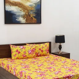 Steve & Anderson Yellow & Grey Floral Print 160 TC Queen Bedsheet-picture-3