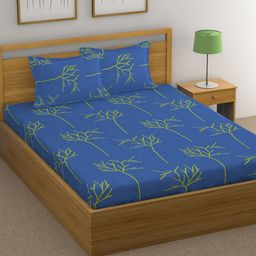 Huesland Blue & Green Floral Cotton 144 TC Double Queen Bedsheet with 2 Pillow Covers-image-97