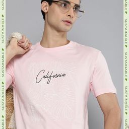 HERE&NOW Men Pink Printed Tropical Pure Cotton T-shirt-image-36