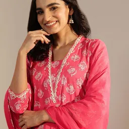 Libas Floral Printed V-Neck Sequinned Empire Anarkali Kurta With Trouser & Dupatta-picture-1