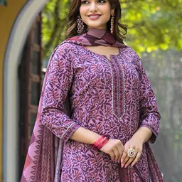 AHIKA Floral Printed V-Neck Gotta Patti Straight Kurta With Trousers & Dupatta-image-30