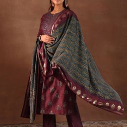 Libas Floral Printed Thread Work Straight Kurta With Trousers & Dupatta-2