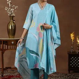 Libas Floral Printed Zari V-Neck Straight Kurta With Trouser & Dupatta-picture-33
