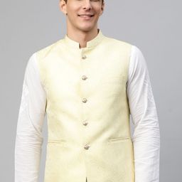 MANQ Men Beige & White Ethnic Motifs Jaquard Woven Design Nehru Jacket-31