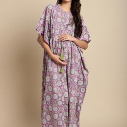 Secret Wish Floral Printed Pure Cotton Maternity Kaftan Nightdress-image-90