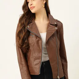 Leather Retail Women Brown Graphic Printed Lightweight Leather Jacket-image-24