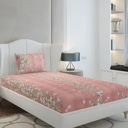 Monte Carlo Peach-Coloured & Green Floral 130 TC Single Bedsheet Set-2.30 m x 1.6 m-picture-26