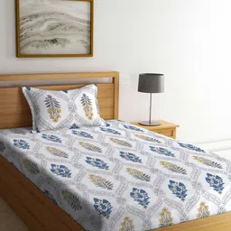 KLOTTHE White & Blue Floral-Printed 300TC Fitted Single Bedsheet With Pillow Cover-picture-30
