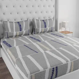 Huesland Grey & Blue Graphic Cotton 144 TC King Bedsheet With 2 Pillow Covers-image-99