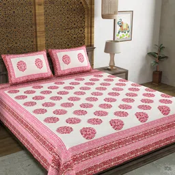Sangria Pink & White Printed Cotton 210 TC King Bedsheet With 2 Pillow Covers-image-82