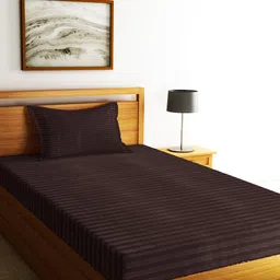 Home Sizzler Brown Striped 300 TC Satin Single Bedsheet with 2 Pillow Covers-image-14